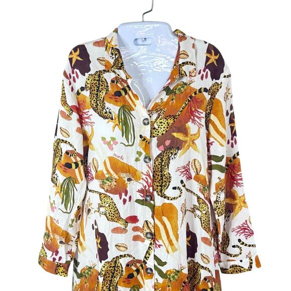 Nach Bijoux Earth Hand Painted Midi Dress Button Front Linen Blend Women's  Sz S - Picture 3 of 14